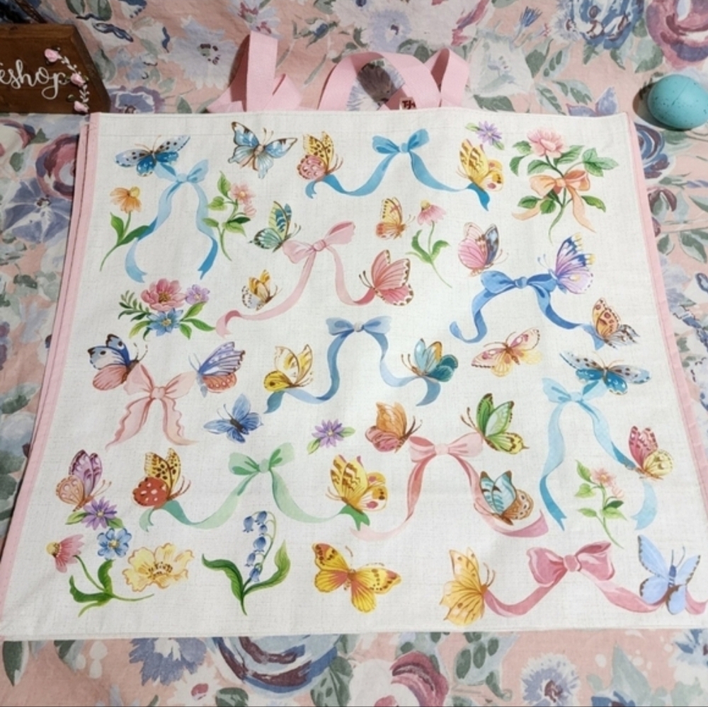 Butterfly Bow Canvas Tote Bag Pastel Floral Print New Reusable Tjmaxx Princess